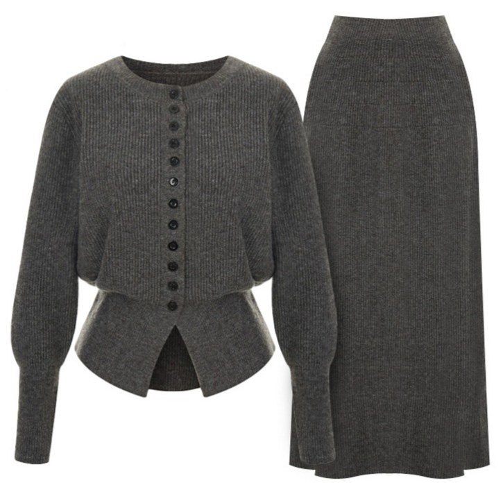 샐리 버튼슬릿 골지 니트 가디건  스커트 세트 I4CCSE013