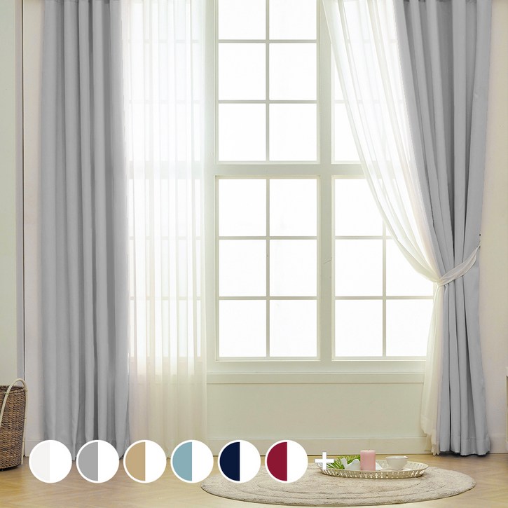 아일렛형 긴창 솔리드 암막커튼 2p  소프트 쉬폰커튼 2p  끈 2p 세트