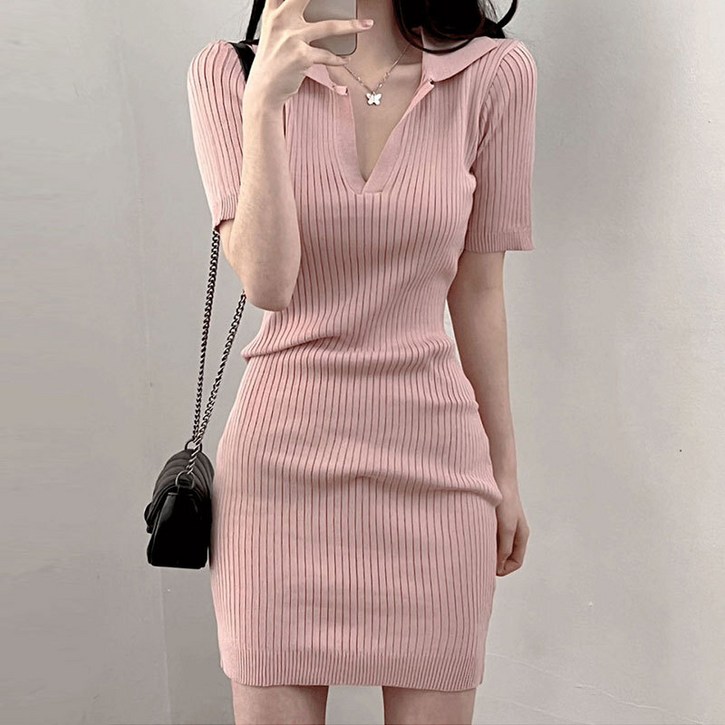 골지 카라넥 슬림핏 원피스