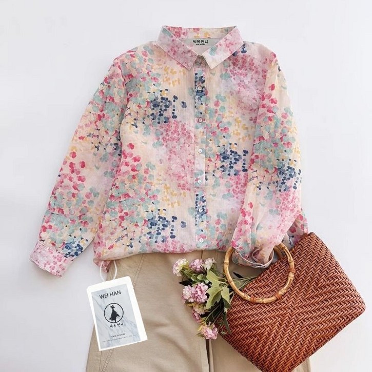 여성 순면 꽃무늬 셔츠 루즈 심플 얇은 프린트 긴팔 와이셔츠 남방 블라우스 베이직 기본