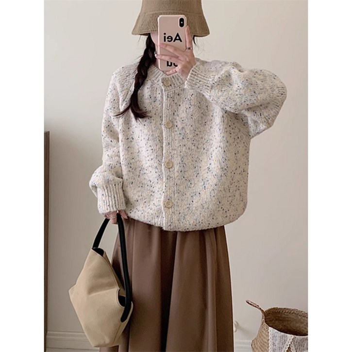 Asure 여성 봄 가을 도트 디자인 루즈핏 도톰 이너 스웨터 니트 카디건