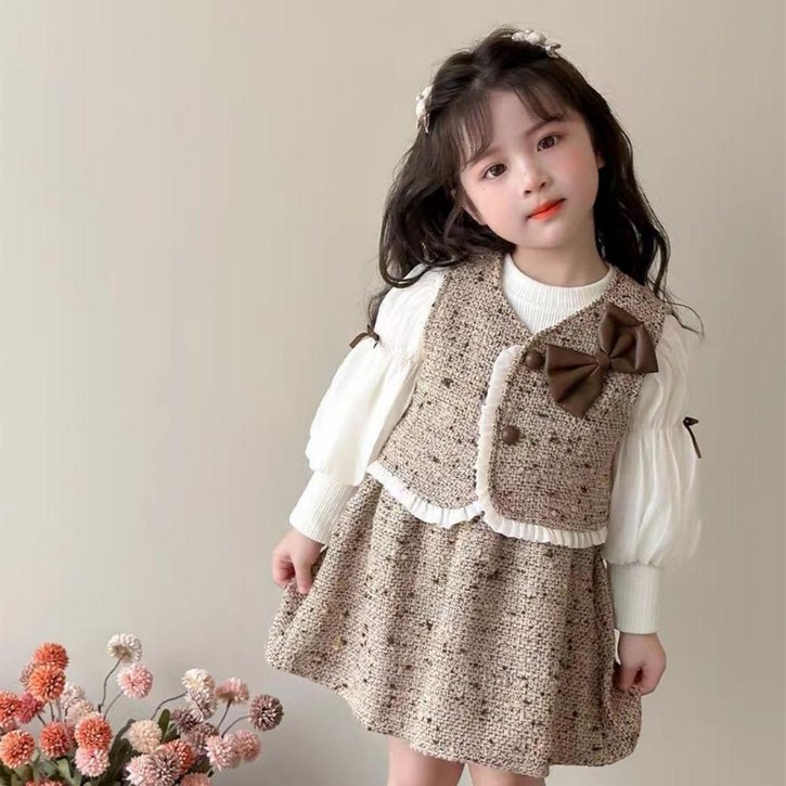 투에그 여아 트위드 리본 베스트 스쿨룩 원피스 세트