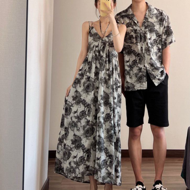 휘잇 블랙 플라워 커플룩 바캉스 나시 원피스 휴양지 셔츠