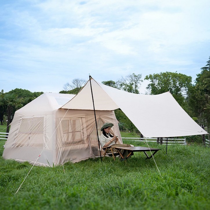 경량 에어텐트 48인용 타프 일체형 탈부착 대형 글램핑 텐트, 카키색 업그레이드형