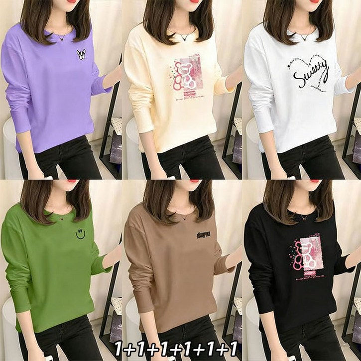 YLEMI 111111 봄 가을 사계절 간절기 이너 기본 티셔츠 여유로운 여성 긴팔티셔츠