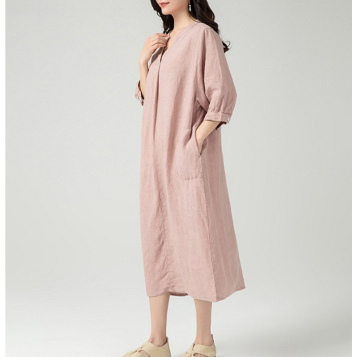 PU미시 7부소매 심플 롱 원피스