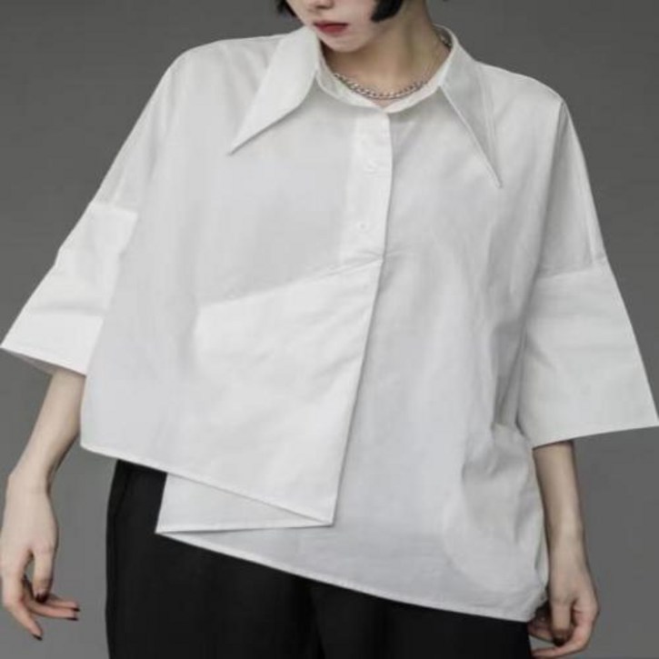 빅사이즈블라우스 지지미 여성셔츠 남방 미시 롱블라우스 독특한 디자인 불규칙한 34 소매 루즈핏 화이트 블라우스 탑 여성용 블랙 셔츠 여름 상의