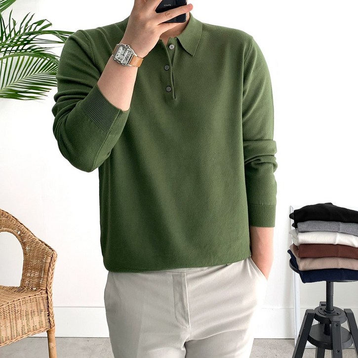 룩플레인 부드러운 메이드 긴팔 니트 카라 티셔츠 7color