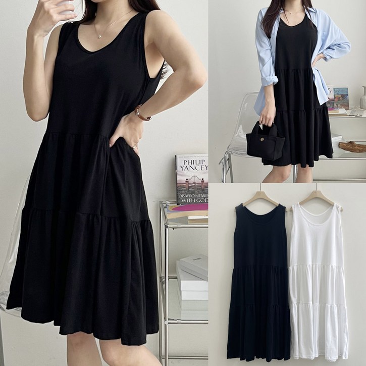 여성 이단 티어드 나시 원피스 캐주얼 봄 여름 가을 레이어드 민소매ops