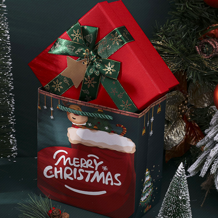 포장박스선물상자 크리스마스 선물 박스 선물 포장함 포장 봉투 레드 그린 리본 선물 고급스러움 성탄절 분위기, 레드 리본 박스+봉투, 20*18*8cm