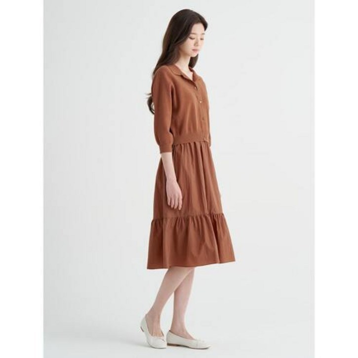 [빈폴레이디스] [리오더] 브라운 7부 소매 풀오버 패치 니트 드레스 (BF285UU02D) 20230324
