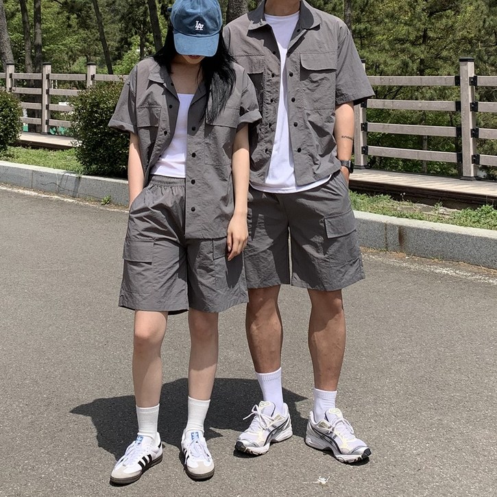 어둑 남자 커플 세트 나일론 포켓 반팔 셔츠 카고 반바지 상하의셋업