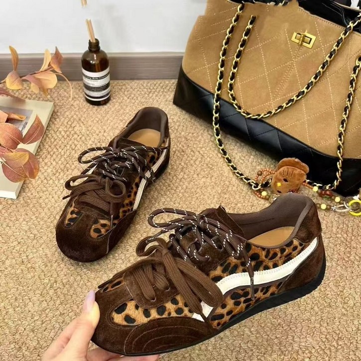 AURALA 여성 운동화 신상 패션 호피 프린트 투톤 스트랩 빈티지 편안하고 가벼운 워킹화