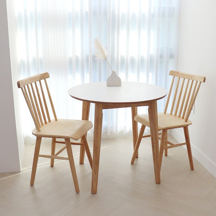 파스텔우드 자작화이트 2인용 원형 원목식탁세트