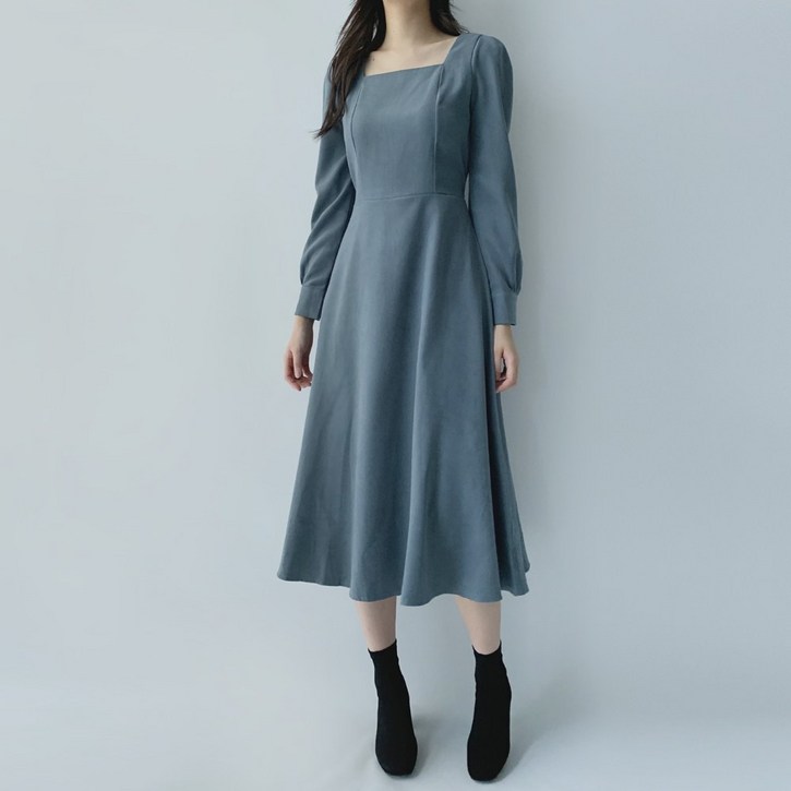 하객룩 베이모 스퀘어넥 긴팔 플레어 롱원피스  겨울 두꺼운 허리끈 A라인 청순 결혼식 페미닌 리본 여친룩 데이트룩 연말룩