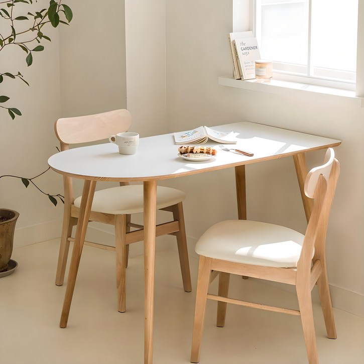 우드레이 소노 반타원 원목 테이블 600, 화이트 + 우드, 2인용