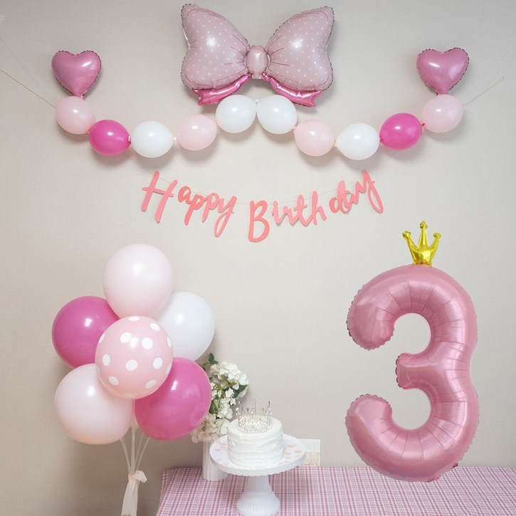 연지마켓 생일풍선 생일파티용품 리본풍선 숫자세트, 핑크리본 핑크세트 3