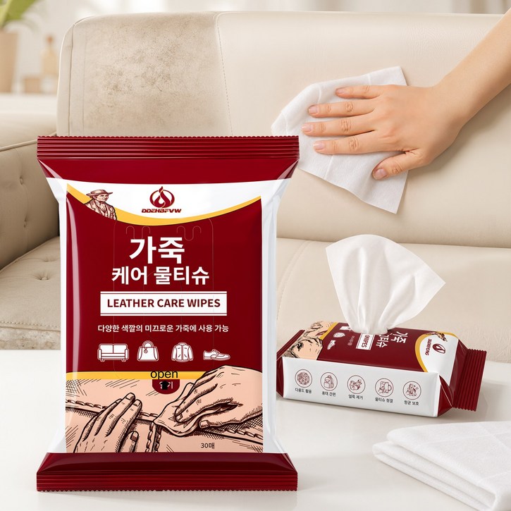 QOYO 가죽 케어 물티슈 가죽 얼룩 제거 클리너 가죽 용품 광택 복원 티슈 천연가죽 보호 티슈, 30매