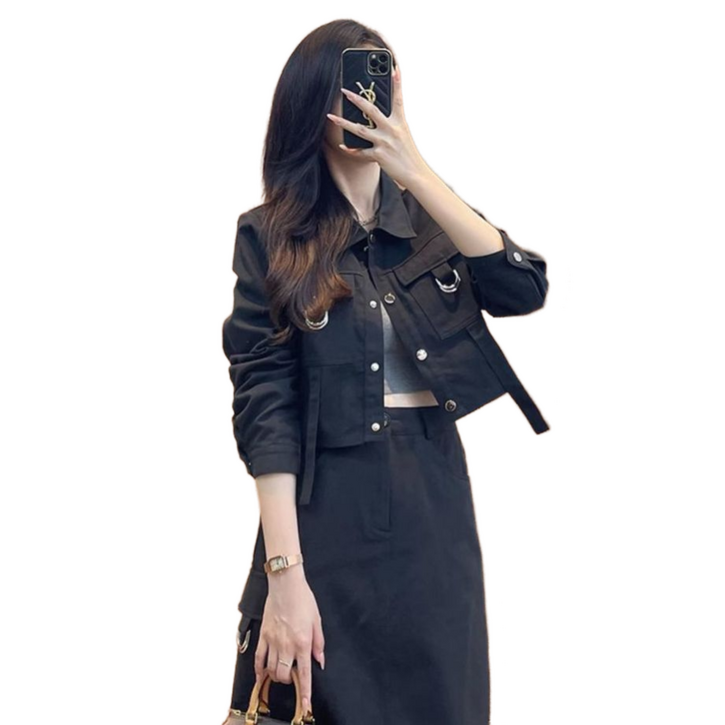 셀럽당 카고 세트 여 춘추 여 반코트+ 스커트 투피스Q04541