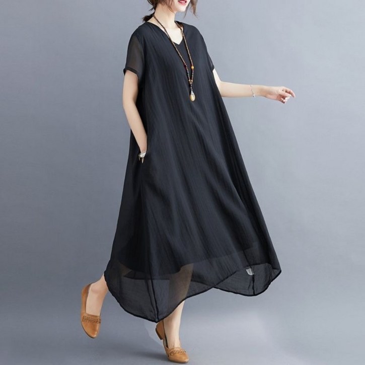 UNIQUEZON 중년여성 쉬폰 반팔 원피스 여름 시원한 롱 원피스 40대50대60대 빅사이즈 엄마룩