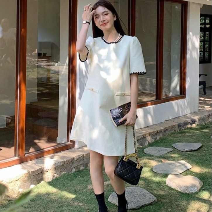 플리버 반팔 루즈핏 여름 트위드 미니 원피스SXL