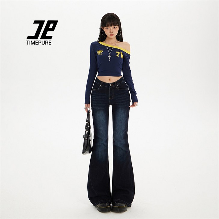 TIMEPURE 여성 로우웨이스트 루즈핏 데님 팬츠 V라인 허리 마이크로 부츠컷