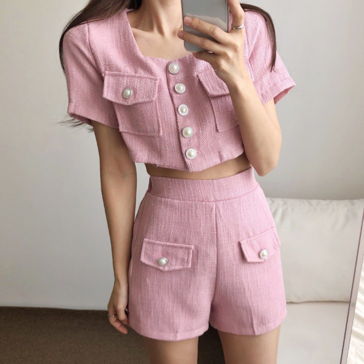 진주한알 반팔 자켓 반바지 트위드 투피스세트