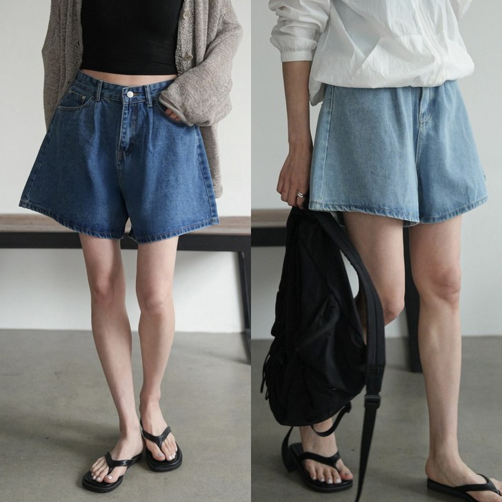 하늘바라기 여성용 노멀 핀턱 A라인 데님 반바지