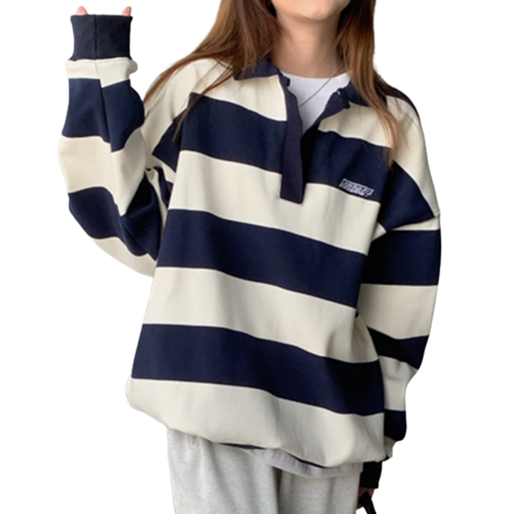 토리 카라 스트라이프 단가라 오버핏 자수 맨투맨