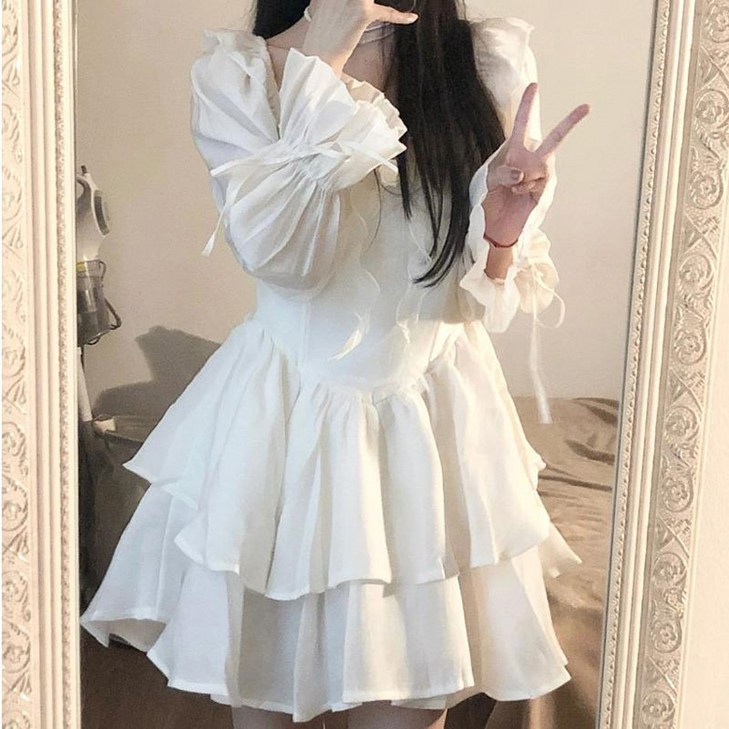 봄가을 여성 화이트 브이넥 루즈핏 긴팔 원피스 여름 화이트 프릴 빅사이즈 쉬폰 빈티지 학원풍 얇은 캐주얼 슬림핏 원피스