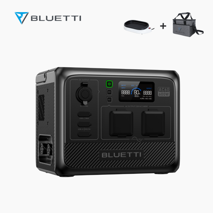 BLUETTI 블루에티 AC60 600W 403Wh파워뱅크 휴대용 대용량배터리 초고속충전 캠핑용 차박용 태양광 발전기 인산철 220v배터리 낚시 야외작업용, AC60, 단일 색상