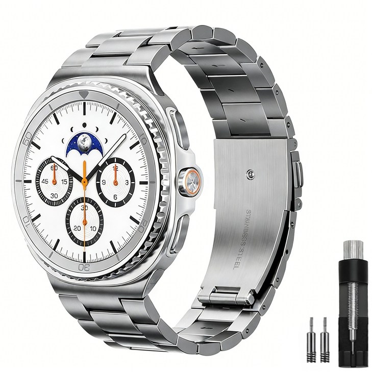 OULUOQI 애플워치 갤럭시워치 호환 메탈 밴드 스트랩 3연 스테인리스 쥬빌레 교체 스트랩  탄성 메탈 밴드, 1개, 실버