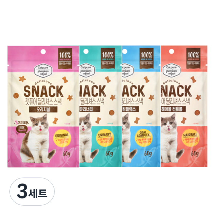 캣퓨어 고양이 딜리셔스 스낵 4종 세트, 혼합맛닭고기참치, 3세트 캣퓨어 고양이 딜리셔스 스낵 4종 세트, 혼합맛닭고기참치, 3세트
