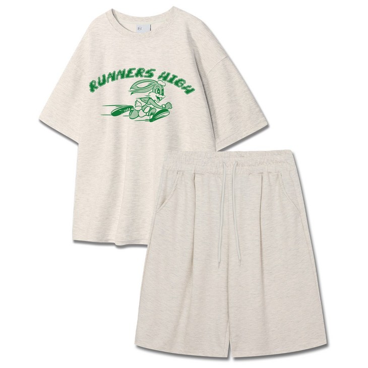 폴리그램 러너스하이 특양면 오버핏 반팔 버뮤다 반바지 트레이닝복 상하의 세트