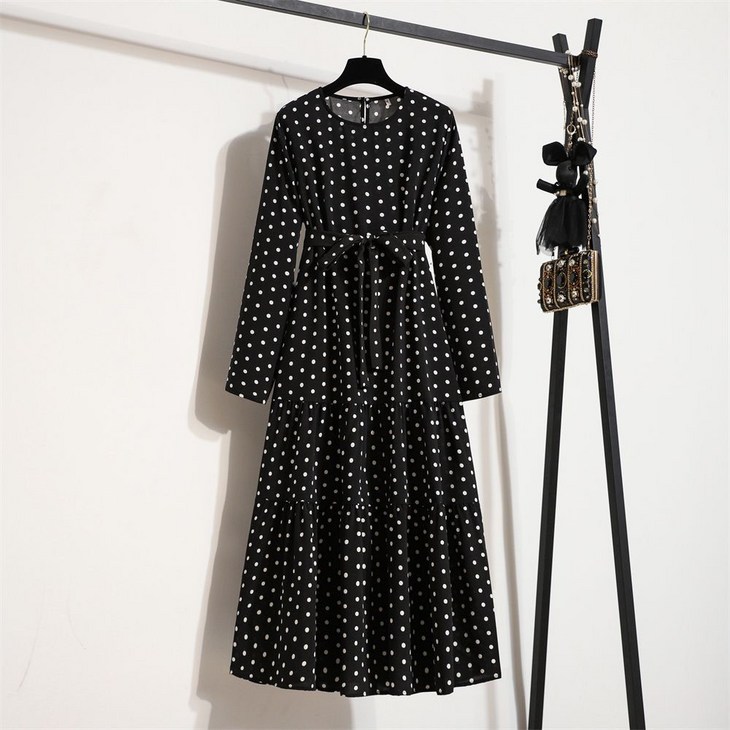 ROYALBELLE 여성 도트무늬 리본 긴팔 라운드넥 원피스 캐주얼 롱 원피스 데일리룩 V81110