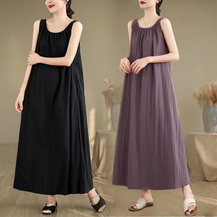 Unique 90KG 여성 여름 미소매 린넨 원피스 캐주얼 비치 여행 롱 나시 원피스 빅사이즈