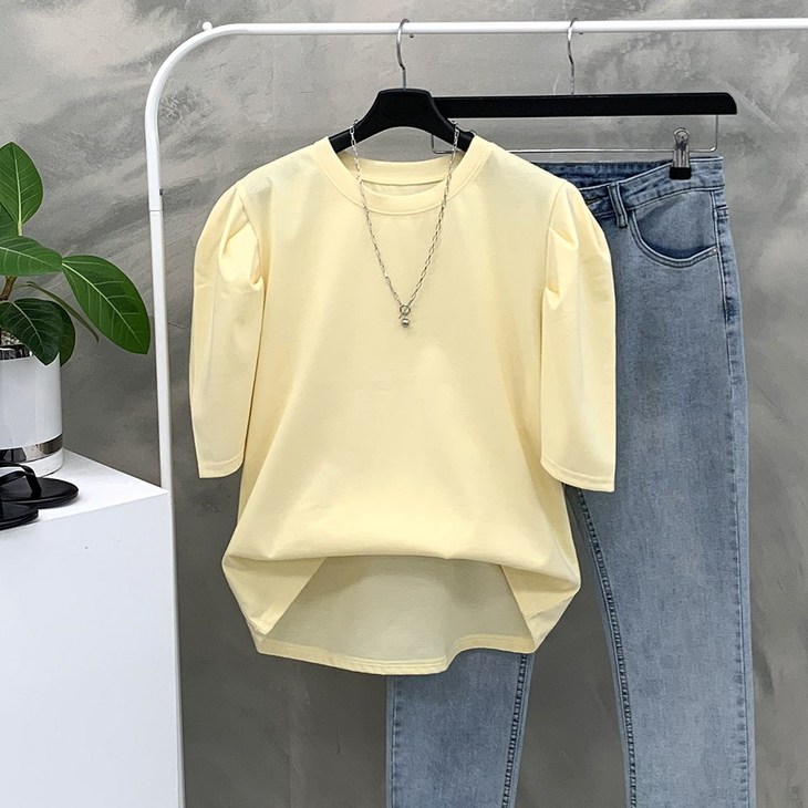 행복여 젤리 셔링 퍼프 소매 반팔 티셔츠