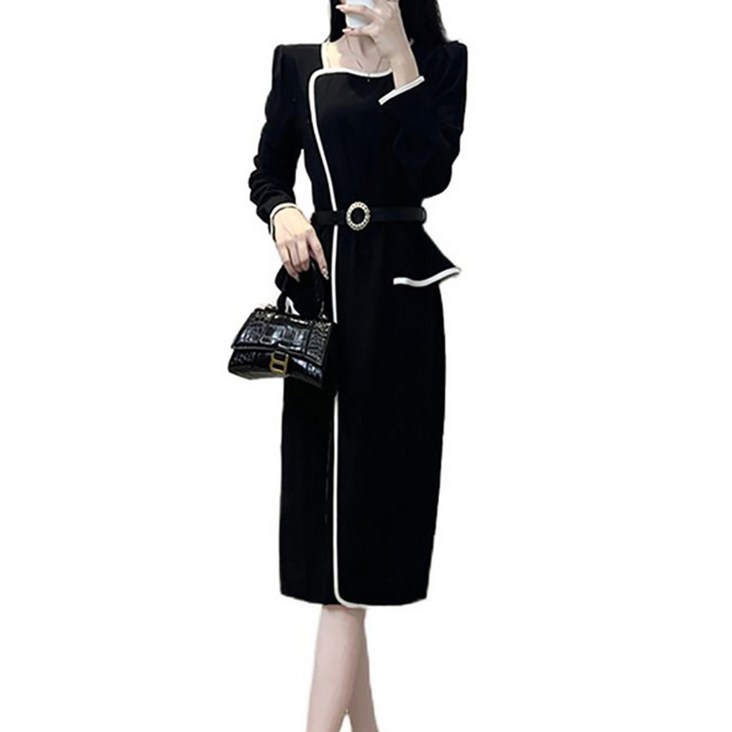 셀럽당 여성용 프릴 블랙 스퀘어넥 원피스 고급스러운 드레스 Y01152