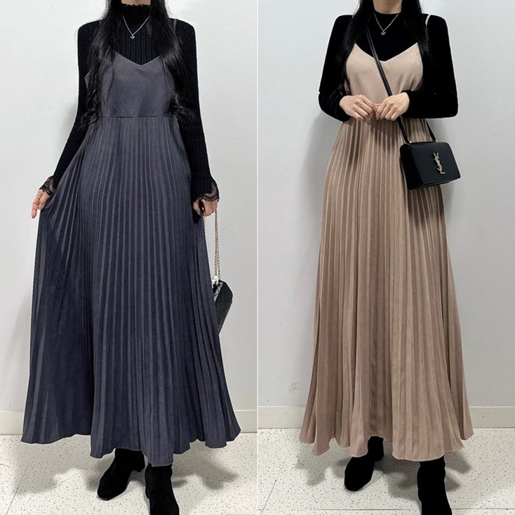 매일리룩 빅사이즈 주름 뷔스티에 플리츠 레이어드 겨울 맥시 롱 원피스