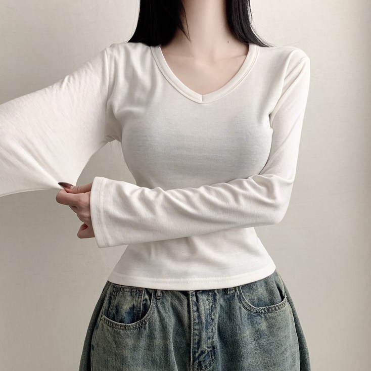 따뜻한기모 여유커버핏 팔뚝널널핏 팔소매널널 브이넥 긴팔티셔츠