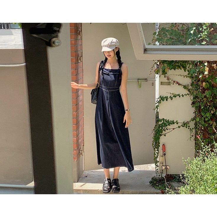 리리앤코 버젠드 데님 스티치 핀턱 뷔스티에 롱 원피스 끈조절