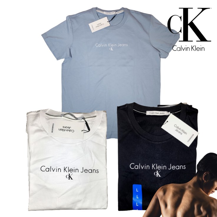 ck 캘빈클라인 진 로고 기본 반팔 티셔츠 데일리 단품으로 스타일링 면 라운드 반팔티 이너 레이어드 오리지널 청바지와 코디 면100 블루햇님 로고 박스 1회용 손소독제 증정