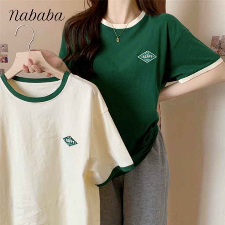 나바바 NT670 여성 11 해피 심플 배색 포인트 반팔 티셔츠 나바바 NT670 여성 11 해피 심플 배색 포인트 반팔 티셔츠