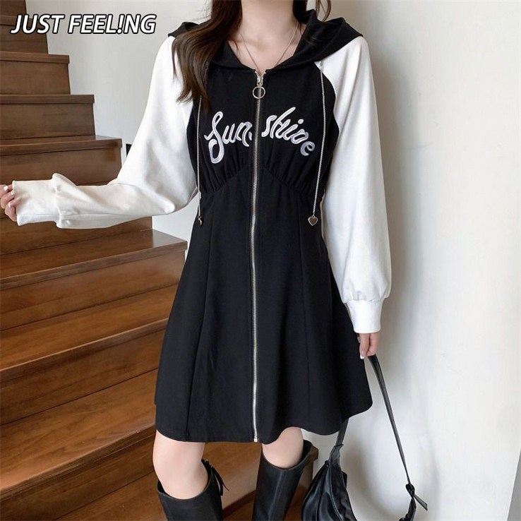 JUSTFEELING 여자 레터링 긴팔 후드원피스 밴딩 집업 플레어 원피스 빅사이즈 봄가을