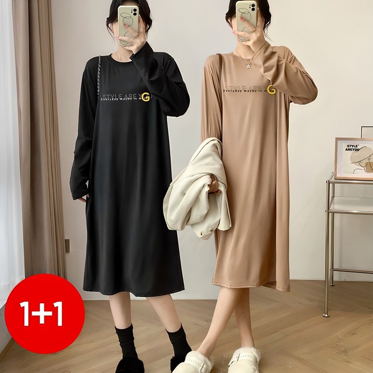 112종세트스타일아유 여성 빅사이즈6699 루즈핏 긴팔 레터링 롱원피스 롱티 심플 캐주얼 홈웨어 OP1556