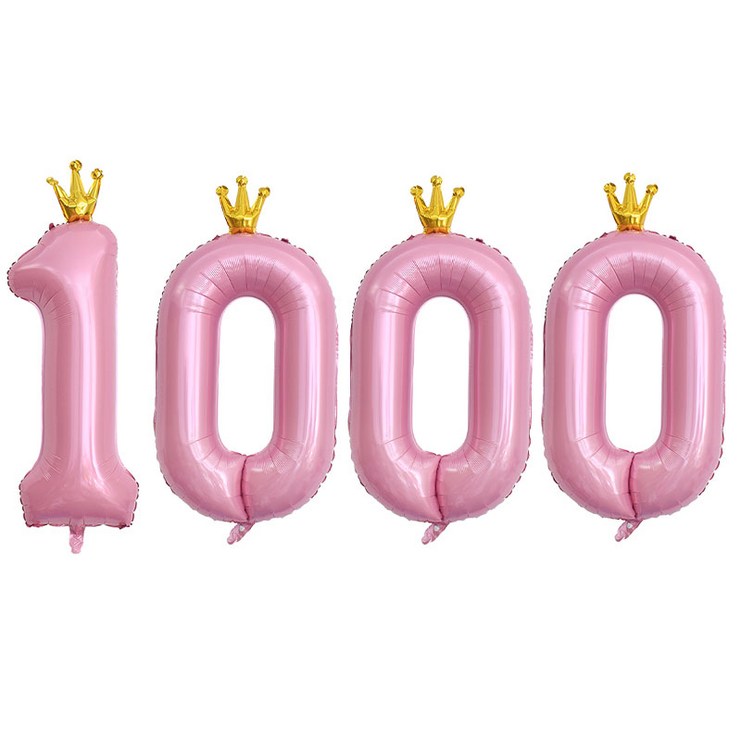 1000일풍선 JOYPARTY 숫자 1000 왕관 은박풍선 90cm 세트, 핑크, 1세트