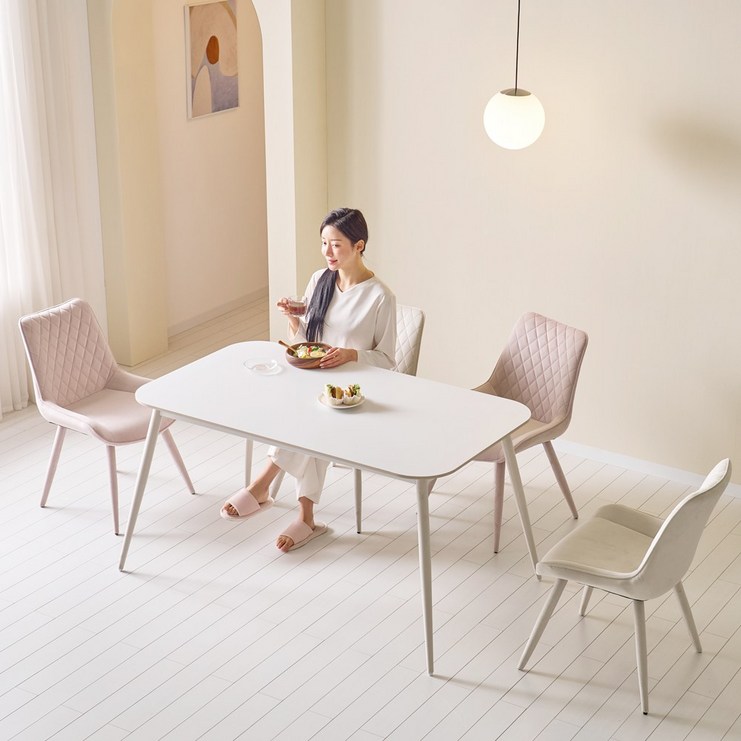 아리카 12t 양면 통 세라믹 4인용 식탁 의자 세트 1400 sk, 화이트프레임+크림그레이의자 4개