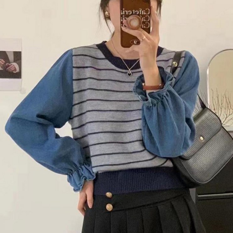 데일로엔 여성 스트라이프 청 배색 긴팔티셔츠 데일로엔 여성 스트라이프 청 배색 긴팔티셔츠