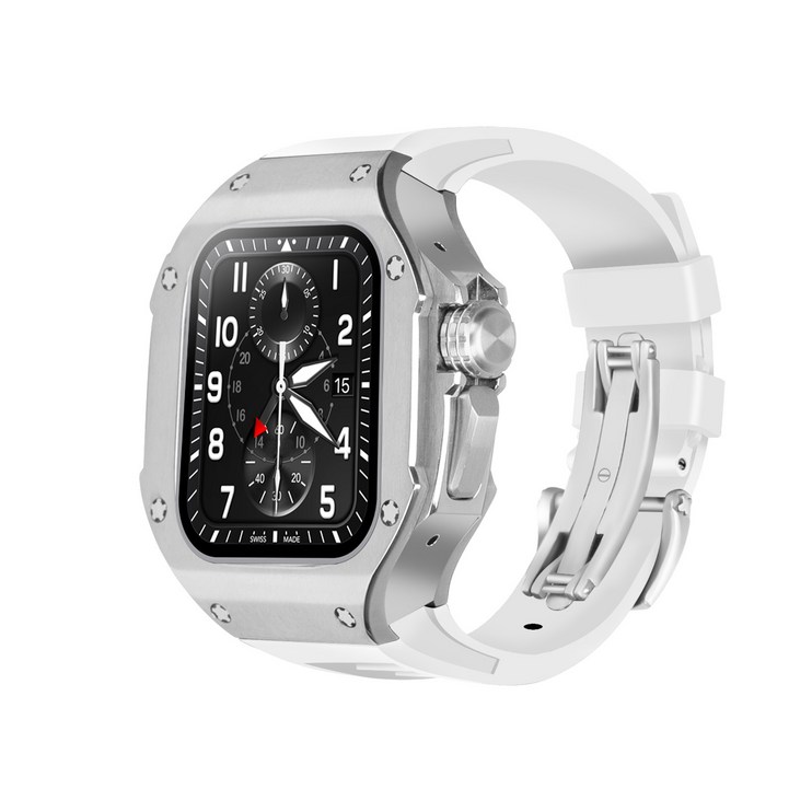 강질 커버 메탈 케이스 불소 고무 테이프 스트랩 적용 대상 애플워치 울트라2 49mm, 실버 화이트 강질 커버 메탈 케이스 불소 고무 테이프 스트랩 적용 대상 애플워치 울트라2 49mm, 실버 화이트