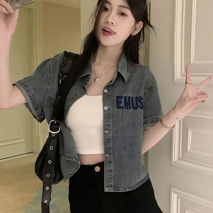 besteffie 여성용 여름 자켓 카라넥 빈티지 데님 자켓 자수 패턴 크롭 반팔 자켓 빅사이즈 여성 청자켓 C88